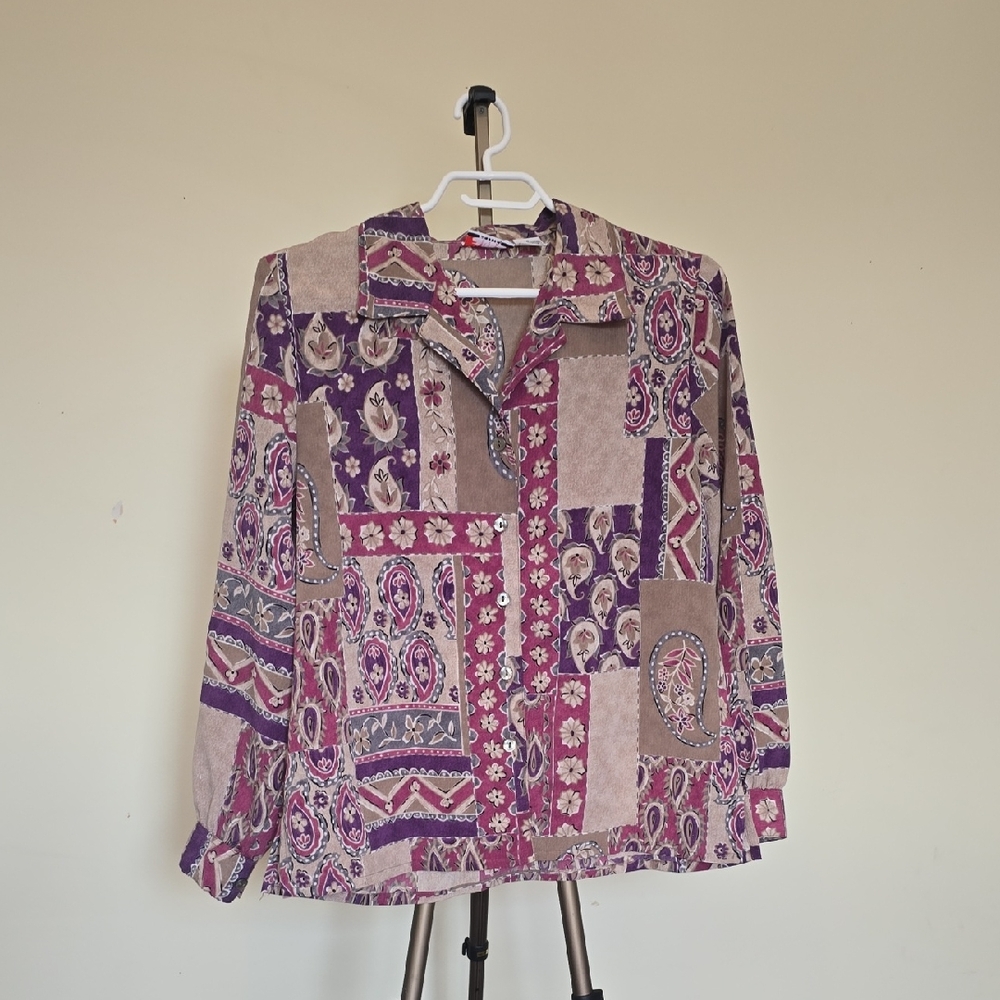 Alia Petites 90s Floral Paisley Button-Up Blouse - Purple & Beige